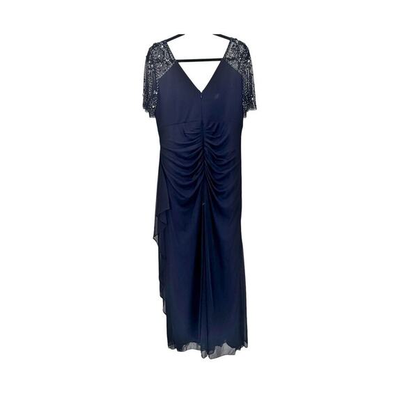 Xscape Beaded Sheer Flutter Sleeve Cascading Draped Waist Gown Navy Size 16 NWT - Picture 9 of 12